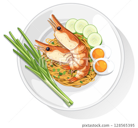 Thai Shrimp Noodle Bowl with Eggs and Vegetables 128565395