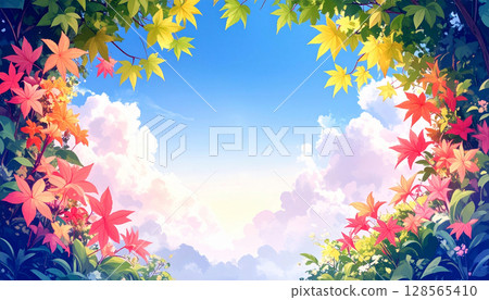 綠色楓葉和秋葉與藍天風景的框架 128565410
