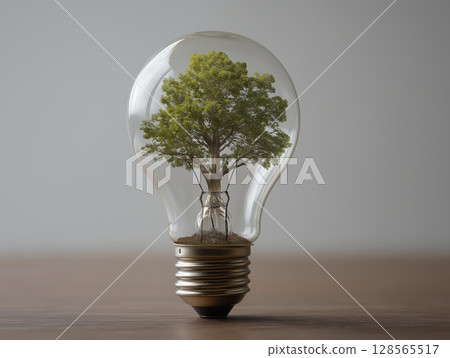 Miniature tree inside clear light bulb symbolizes innovation, growth, and environmental sustainability, creating unique visual metaphor for eco friendly ideas and renewable energy 128565517