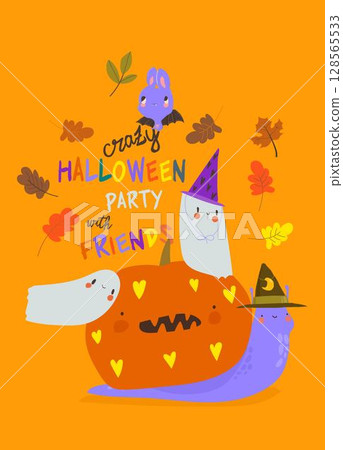Cute Snail with Little Ghosts celebrating Halloween Cute Snail with Little Ghosts celebrating Halloween 128565533