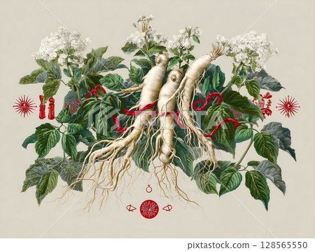 Intricate Ginseng Roots and Blossoms A Botanical Masterpiece 128565550
