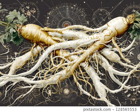 Entwined Ginseng Roots A Botanical Alchemy, Exquisitely Detailed 128565553