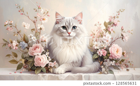 cat sitting among flowers 128565631