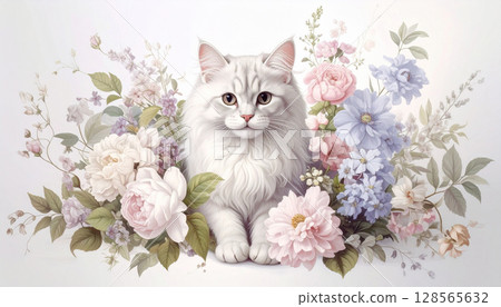 cat sitting among flowers 128565632