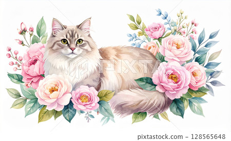 cat sitting among flowers 128565648