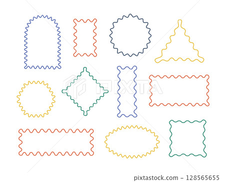 Wavy, zigzag borders geometric shapes, figures. Color line edges vector square, arc, oval, round, rectangle forms. Wavy, zigzag borders geometric shapes, figures. Color line edges vector square, arc, oval, round, rectangle forms. 128565655