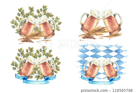 Beer mugs making cheers Oktoberfest clipart set. Spikes of malt and hop twigs, blue ribbon, rhombuses Bavarian flag background. Watercolor painted two glasses of beer toasting. Isolated illustration Beer mugs making cheers Oktoberfest clipart set. Spikes of malt and hop twigs, blue ribbon, rhombuses Bavarian flag background. Watercolor painted two glasses of beer toasting. Isolated illustration 128565786