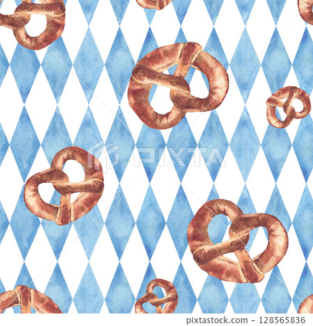 Pretzel on blue rhombus Bavarian flags background seamless pattern. Oktoberfest traditional baking food, bretzel design. Realistic watercolor painted isolated clipart for packaging, fabric, napkins. Pretzel on blue rhombus Bavarian flags background seamless pattern. Oktoberfest traditional baking food, bretzel design. Realistic watercolor painted isolated clipart for packaging, fabric, napkins. 128565836