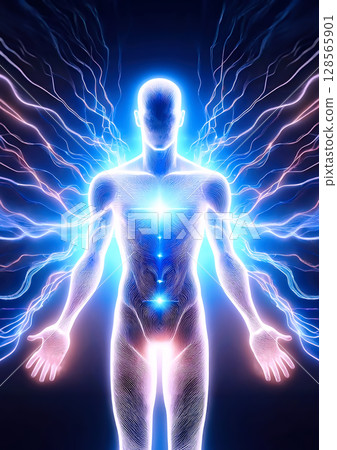 Silhouette of a meditating person and light image effect 128565901