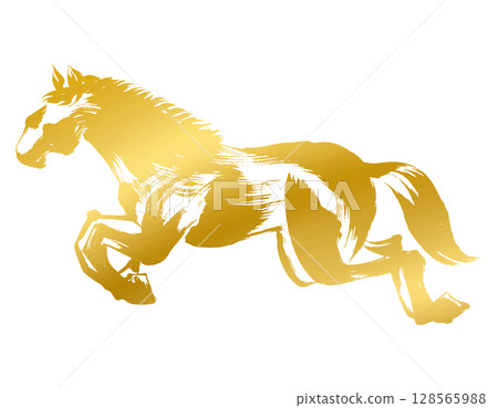 馬年新年素材、水墨和筆觸_躍馬剪影向量圖_金色 128565988