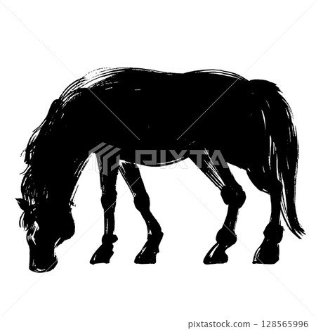 馬年，新年的材料，水墨和筆觸_吃草的馬剪影，向量插圖 128565996