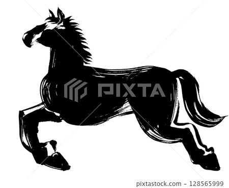 馬年，新年的材料，墨水和筆觸_奔跑的馬剪影向量插圖 128565999