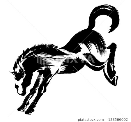 Year of the Horse, New Year's material, ink and brush touch_Silhouette of a landing horse, vector illustration Year of the Horse, New Year's material, ink and brush touch_Silhouette of a landing horse, vector illustration 128566002