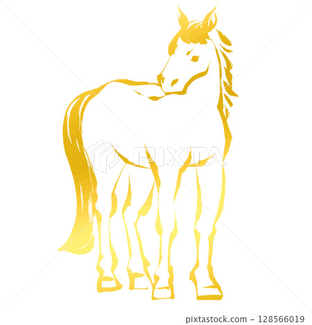 馬年，新年的材料，墨水和筆觸_從正面看馬的向量插圖_金色 128566019