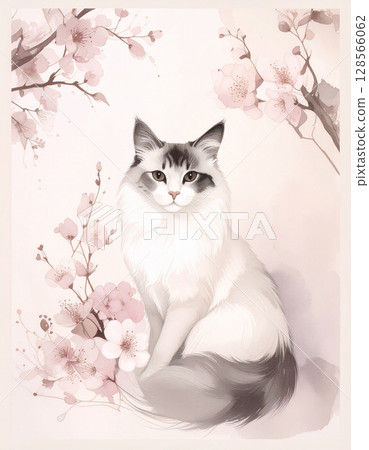 水彩貓和花 128566062