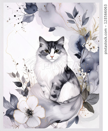 水彩貓和花 128566063