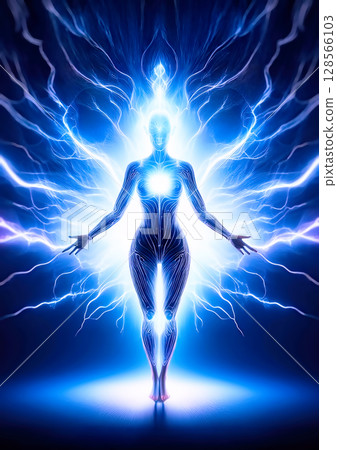 Meditating woman silhouette with light effect 128566103