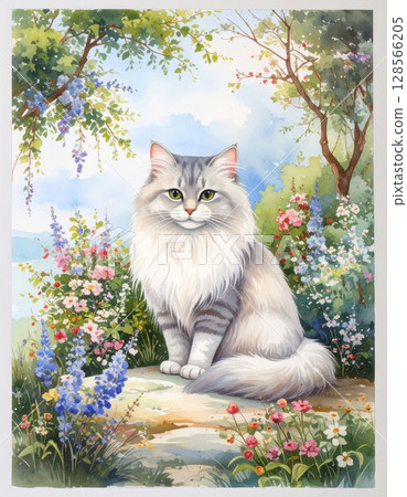 毛茸茸的貓和自然景觀 128566205