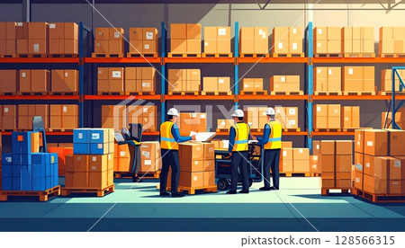 People working in a warehouse with lots of luggage AI-generated illustration 128566315