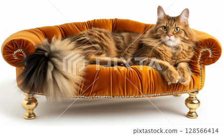 A plush cat bed featuring a soft velvet cushion and ornate gold details offers a cozy and stylish spot for a cat to relax 128566414