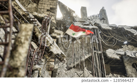 Syrian Flag in War and Disaster Ruins 128566427