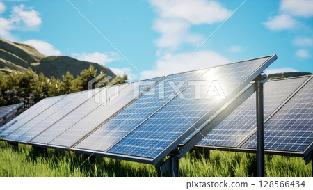 3D Renewable Energy Concept with Solar Panels in Nature 3D Renewable Energy Concept with Solar Panels in Nature 128566434