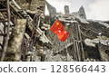Chinese Flag in War and Disaster Ruins 128566443