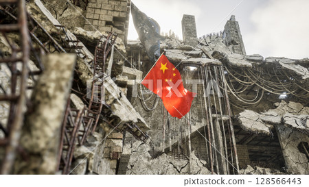 Chinese Flag in War and Disaster Ruins Chinese Flag in War and Disaster Ruins 128566443