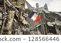 French Flag in War and Disaster Ruins 128566446
