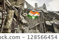 Indian Flag in War and Disaster Ruins 128566454