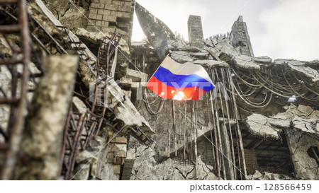 Russian Flag in War and Disaster Ruins 128566459