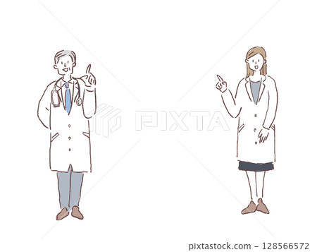 穿白大褂的醫生向上指（資深男醫生，年輕女醫生） 128566572