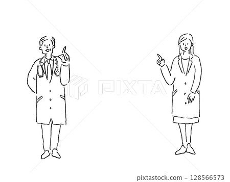 Doctors in white coats pointing up (senior male, young female doctor), line drawing Doctors in white coats pointing up (senior male, young female doctor), line drawing 128566573