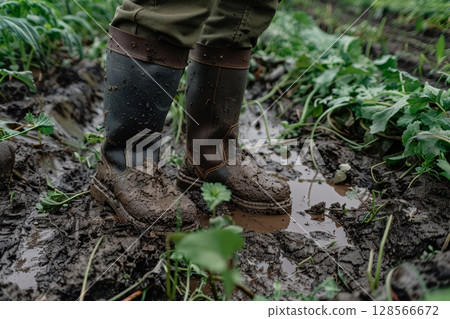Muddy boots navigate through wet soil, showing the dedication of a farmer working in a vibrant, green field under bright daylight Generative AI Muddy boots navigate through wet soil, showing the dedication of a farmer working in a vibrant, green field under bright daylight Generative AI 128566672