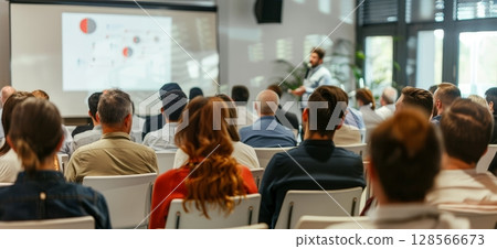 Participants are seated, attentively listening to a presenter discussing various topics during a conference in a well-lit space Generative AI Participants are seated, attentively listening to a presenter discussing various topics during a conference in a well-lit space Generative AI 128566673