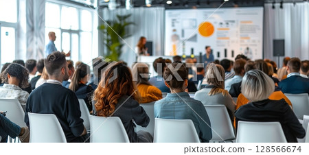 Participants are attentively listening to a speaker during an informative session at a contemporary venue, fostering discussion and learning Generative AI Participants are attentively listening to a speaker during an informative session at a contemporary venue, fostering discussion and learning Generative AI 128566674