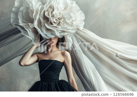 A graceful woman in a striking black dress and oversized floral headpiece stands against soft, minimalistic indoor fabric Generative AI A graceful woman in a striking black dress and oversized floral headpiece stands against soft, minimalistic indoor fabric Generative AI 128566696