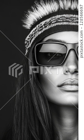 A beautiful Native American woman showcases her culture with sunglasses and a traditional headband, exuding confidence against a dark backdrop Generative AI A beautiful Native American woman showcases her culture with sunglasses and a traditional headband, exuding confidence against a dark backdrop Generative AI 128566697