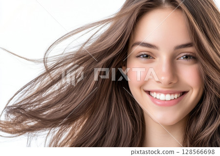 A cheerful woman with long brown hair smiles brightly, showcasing her joy and confidence in a well-lit setting during daytime hours Generative AI 128566698