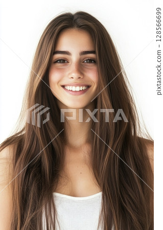 A woman with long brown hair is smiling gently, showcasing her radiant personality and natural beauty in a bright setting Generative AI 128566699