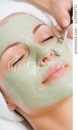 A woman is receiving a calming facial treatment at a spa, enjoying the soothing application of a green mask on her face Generative AI 128566731