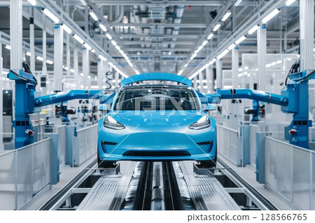 A vibrant blue car undergoes painting processes in a modern American paint shop, surrounded by high-tech robotics and efficient workflows 128566765