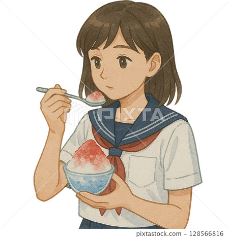 Illustration of a female student in a sailor suit eating shaved ice (summer, watercolor style) 128566816