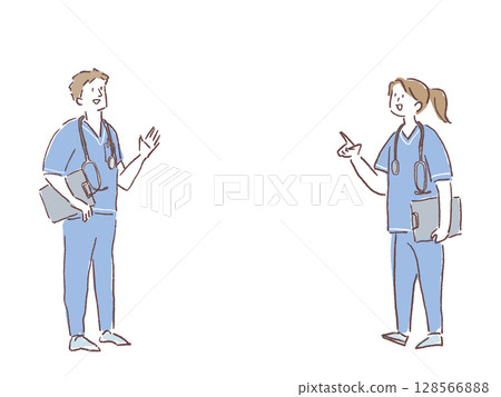 穿著手術服、手持聽診器和病歷的醫生和護士（男性和女性） 128566888