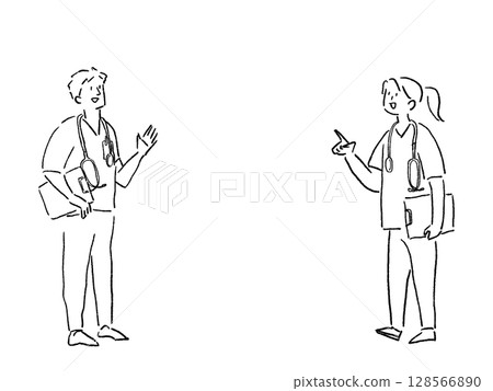 Doctors and nurses (male and female) wearing scrubs and holding stethoscopes and medical records, line drawings 128566890