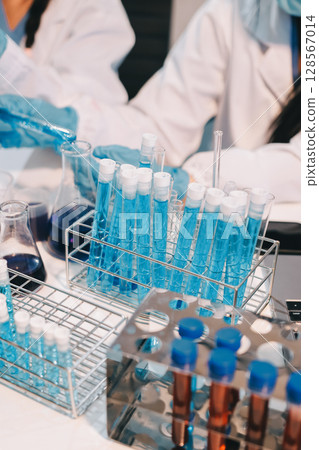 Modern Empty Science Laboratory With Microscopes, Test Tubes And Other Laboratory Equipments Modern Empty Science Laboratory With Microscopes, Test Tubes And Other Laboratory Equipments 128567014