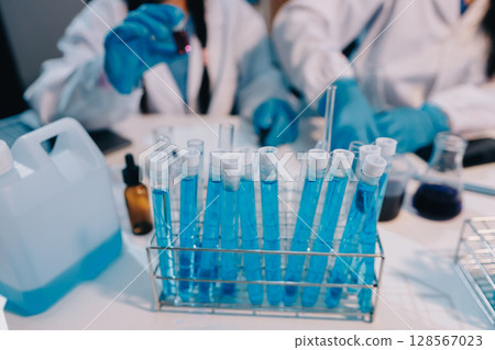 Modern Empty Science Laboratory With Microscopes, Test Tubes And Other Laboratory Equipments Modern Empty Science Laboratory With Microscopes, Test Tubes And Other Laboratory Equipments 128567023