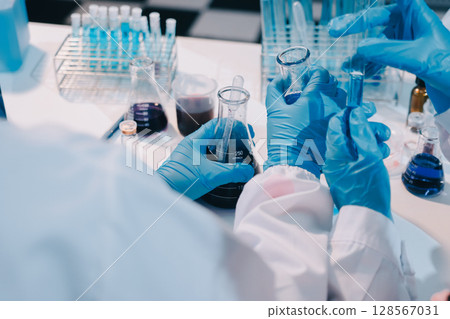 Modern Empty Science Laboratory With Microscopes, Test Tubes And Other Laboratory Equipments 128567031