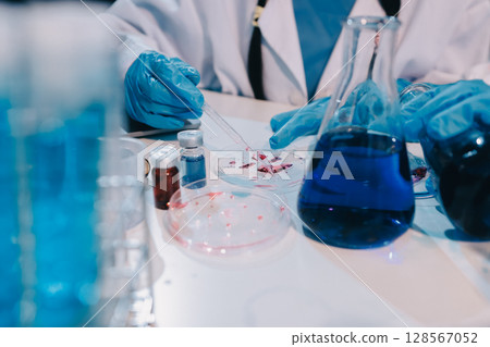 Modern Empty Science Laboratory With Microscopes, Test Tubes And Other Laboratory Equipments 128567052