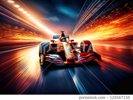 賽車在燈光下飛馳的 3D 插圖 128567130